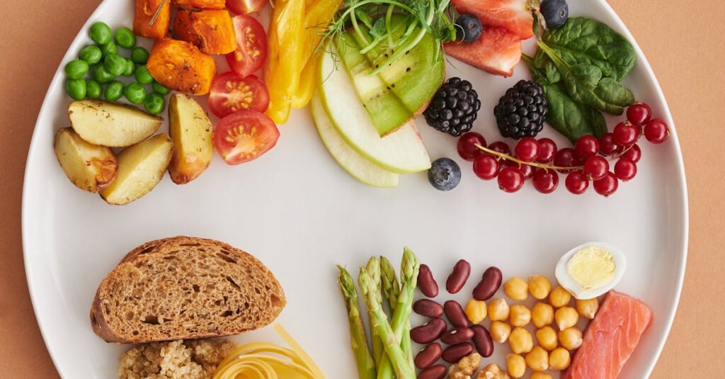 Colorful assortment of healthy foods on a plate, perfect for a balanced diet.